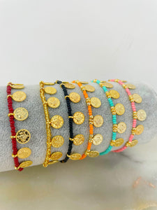 Colourful Beads Gold Plated Coin Chain Bracelet