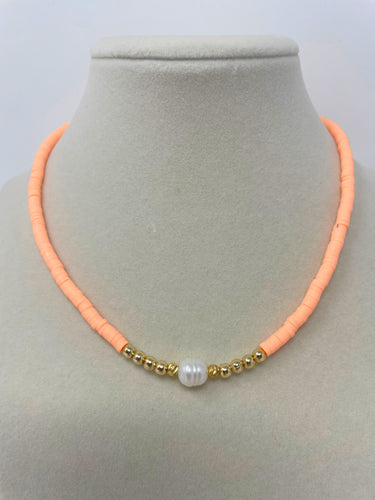 Peach Heishi Beads and Fresh water Pearl Necklace