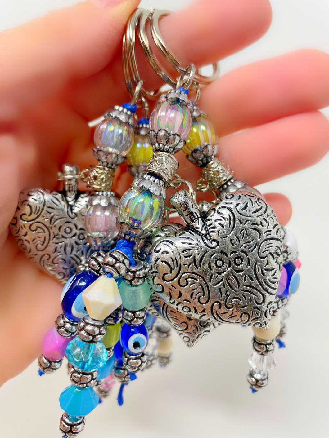 Beaded Silver Heart Keychain