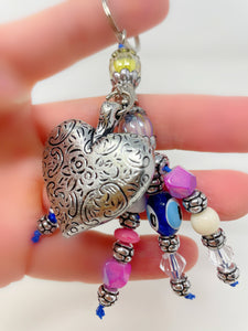 Beaded Silver Heart Keychain